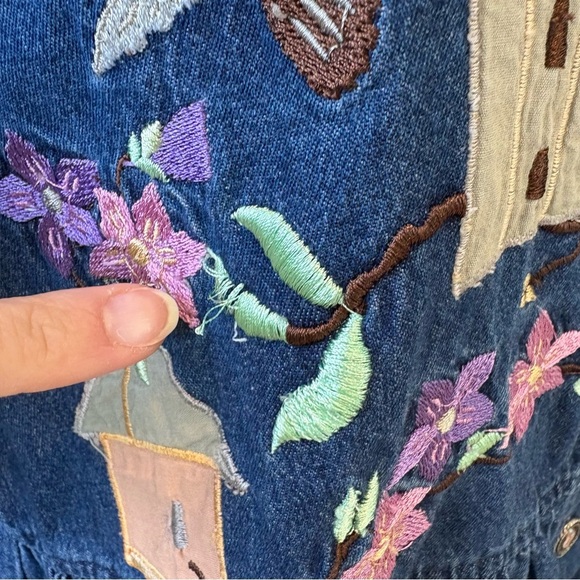 Vintage Denim Embroidered Grandmacore Hummingbird Maxi Dress Sz M - Picture 11 of 16